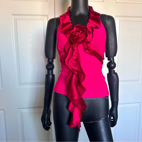 3D Floral ruffled tops sleeveless red stretch 
xs - Picture 1 of 8